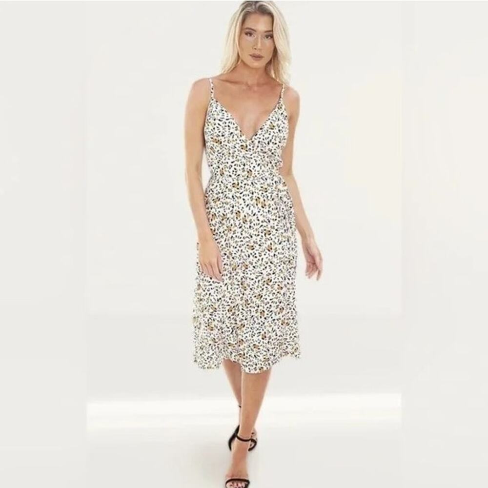 WAYF Rosie Wrap Dress Cream Animal Leopard Print Large Adjustable Straps Slit